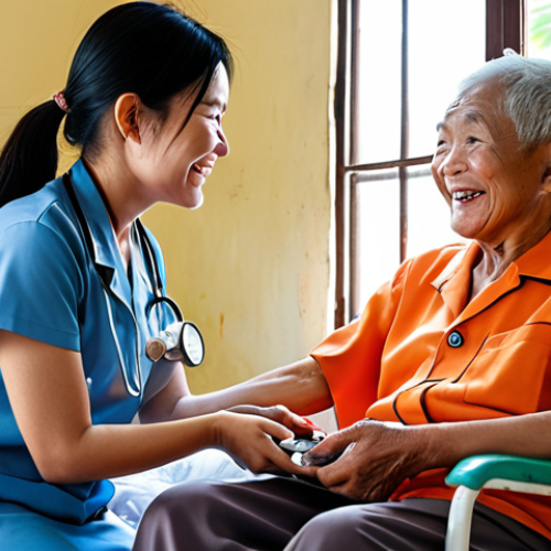 Home 11 A heartwarming scene depicting a community health nurse in Vietnam visiting an elderly patient at their home. The nurse is smiling and taking the patient's blood pressure, while sunlight streams through the window. The setting is a modest but clean Vietnamese home, suggesting the nurse's dedication to reaching even the most vulnerable populations. Focus on conveying a sense of compassion and care.