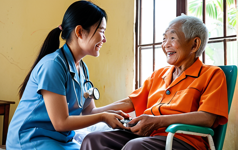 A heartwarming scene depicting a community health nurse in Vietnam visiting an elderly patient at their home. The nurse is smiling and taking the patient's blood pressure, while sunlight streams through the window. The setting is a modest but clean Vietnamese home, suggesting the nurse's dedication to reaching even the most vulnerable populations. Focus on conveying a sense of compassion and care.