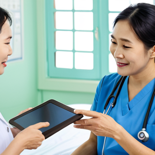Home 6 A compassionate Vietnamese female nurse, dressed in a clean, modest professional uniform, gently interacting with a calm elderly Vietnamese patient in a bright, modern hospital room. The nurse holds a tablet, subtly indicating research or medical data, as she explains care with a reassuring expression. The background features modern medical equipment and a clean healthcare environment, emphasizing patient-centered, evidence-based care. Fully clothed, appropriate attire, safe for work, appropriate content, professional, family-friendly, perfect anatomy, correct proportions, natural pose, well-formed hands, proper finger count, natural body proportions, high-quality professional photography.