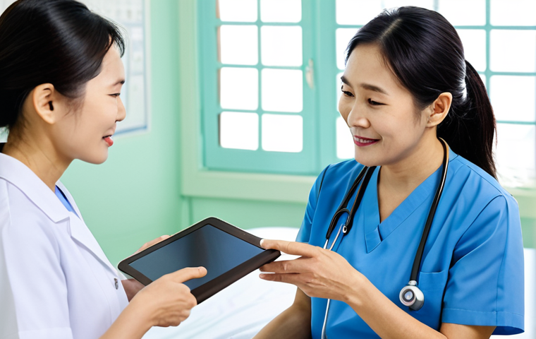 A compassionate Vietnamese female nurse, dressed in a clean, modest professional uniform, gently interacting with a calm elderly Vietnamese patient in a bright, modern hospital room. The nurse holds a tablet, subtly indicating research or medical data, as she explains care with a reassuring expression. The background features modern medical equipment and a clean healthcare environment, emphasizing patient-centered, evidence-based care. Fully clothed, appropriate attire, safe for work, appropriate content, professional, family-friendly, perfect anatomy, correct proportions, natural pose, well-formed hands, proper finger count, natural body proportions, high-quality professional photography.